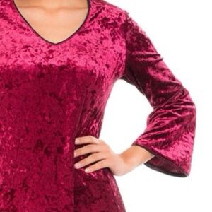 S Levine Crushed Velour Fit & Flare Top Cranberry V-neck Festive Bell Sleeve SM